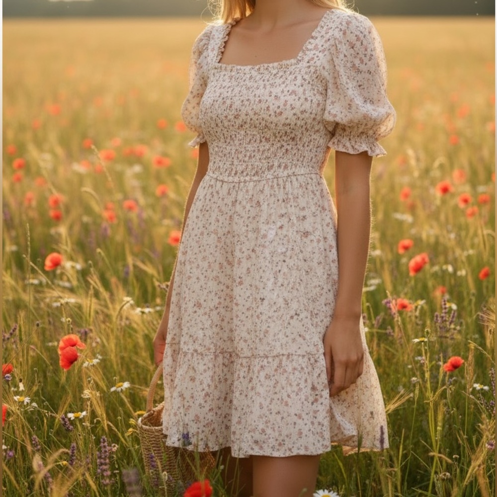 MINE Floral Smocked Spring and Summer Puff Sleeve Dress